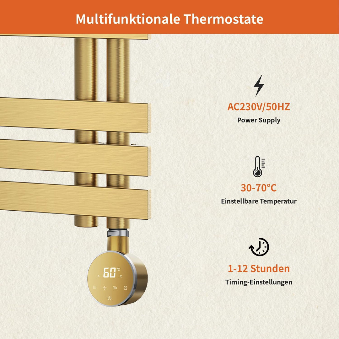 Heizstab 600W für Badheizkörper Elektrisch mit Thermostat, Vollbild Touch Bedienung, Einfach &amp; Effiz