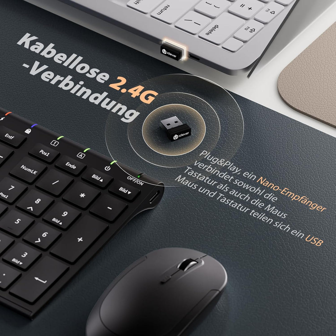 iClever 2.4G Tastatur Maus Set Kabellos, Aluminium Wireless Slim Tastatur QWERTZ Layout (Deutsch), f