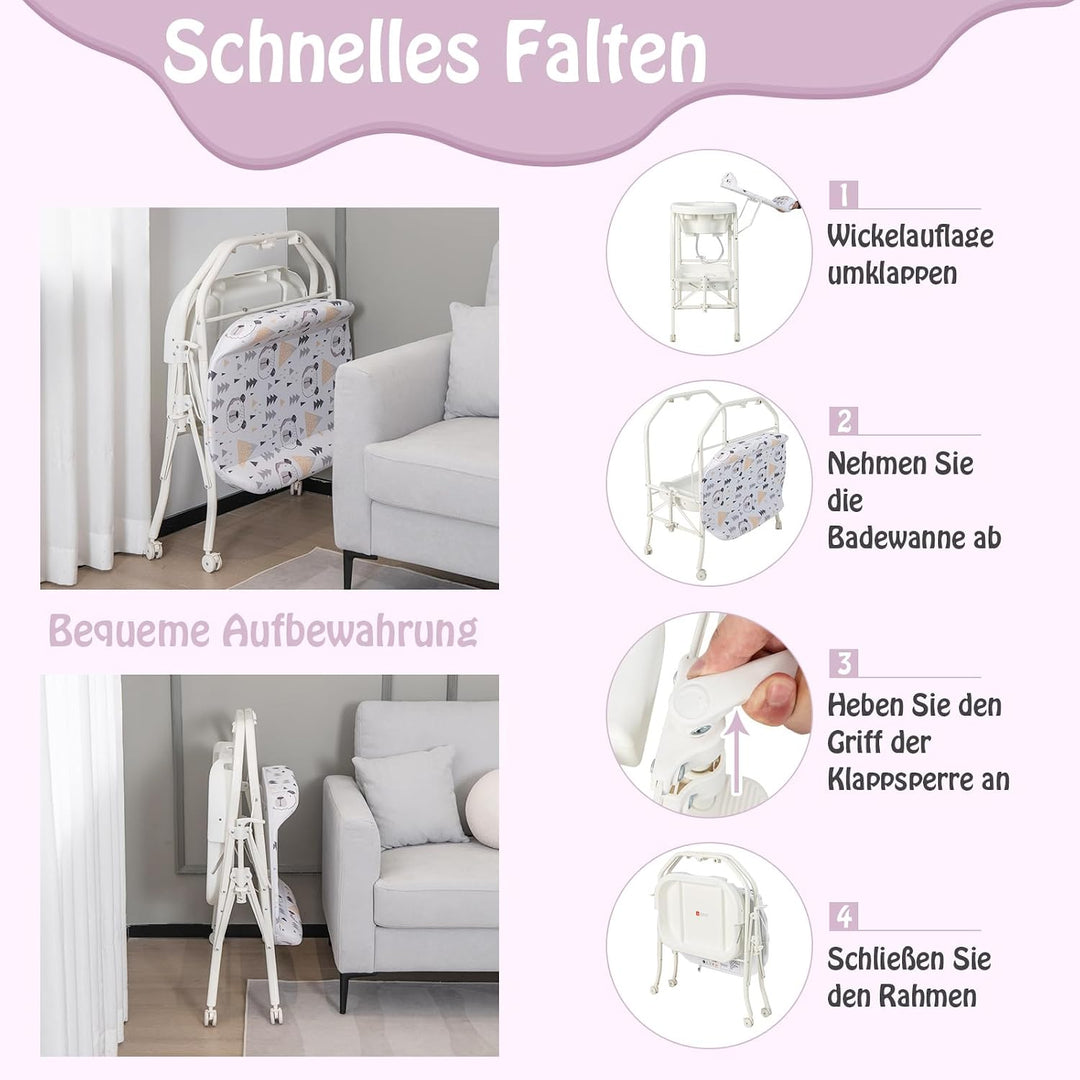 DREAMADE 2 in 1 Wickeltisch & Badewanne mit Gestell, Wickeltisch Klappbar, Wickelkommode auf Rollen
