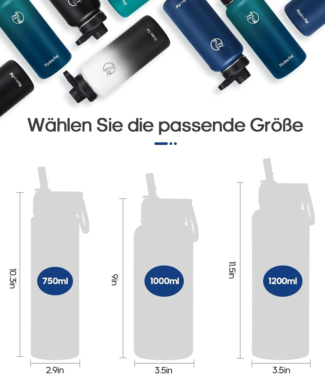HydroPal Edelstahl Trinkflasche - 750ml, 1L, 1,2L, BPA-Frei, Kohlensäure geeignet, Isolierte Thermos