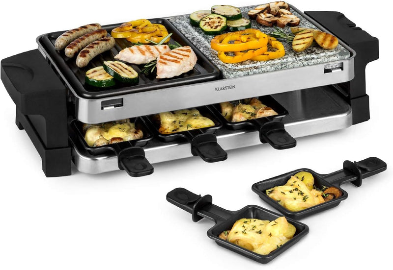 Klarstein Sirloin Raclette-Grill, 1500 Watt, 2-in-1: Aluminium-Grillplatte & Natursteinplatte, Edels