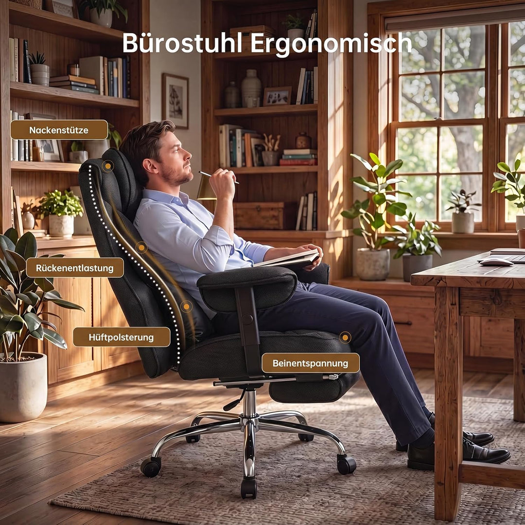 Ergonomischer Bürostuhl 200kg, XXL Chefsessel Fussstütze Homeoffice | XXL Schreibtischstuhl Ergonomi