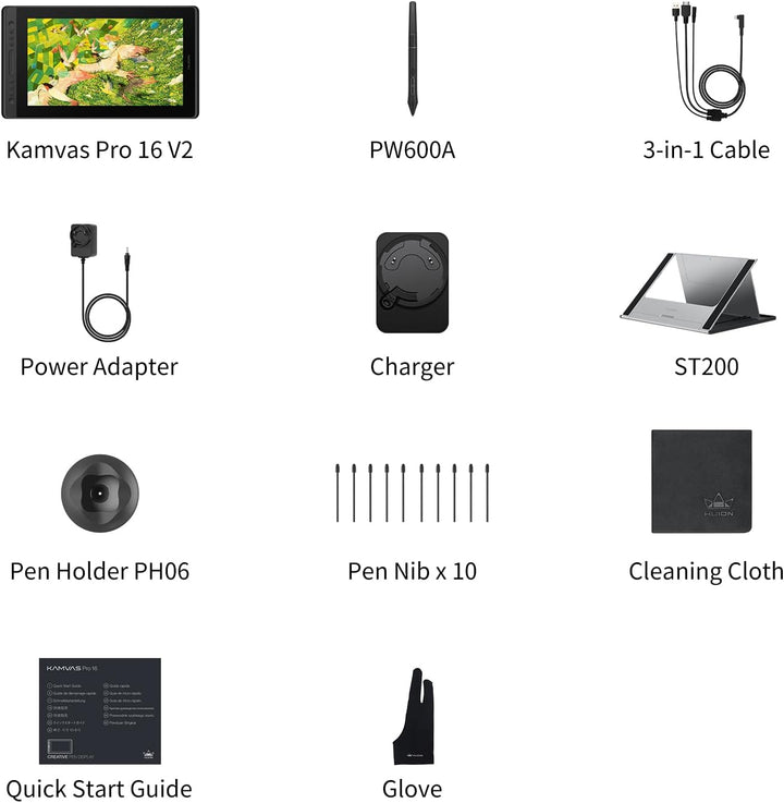 HUION Kamvas Pro 16 V2 Grafiktablett mit Display, 15,6 Zoll Drawing Tablet 16384 Stiftdruck, batteri