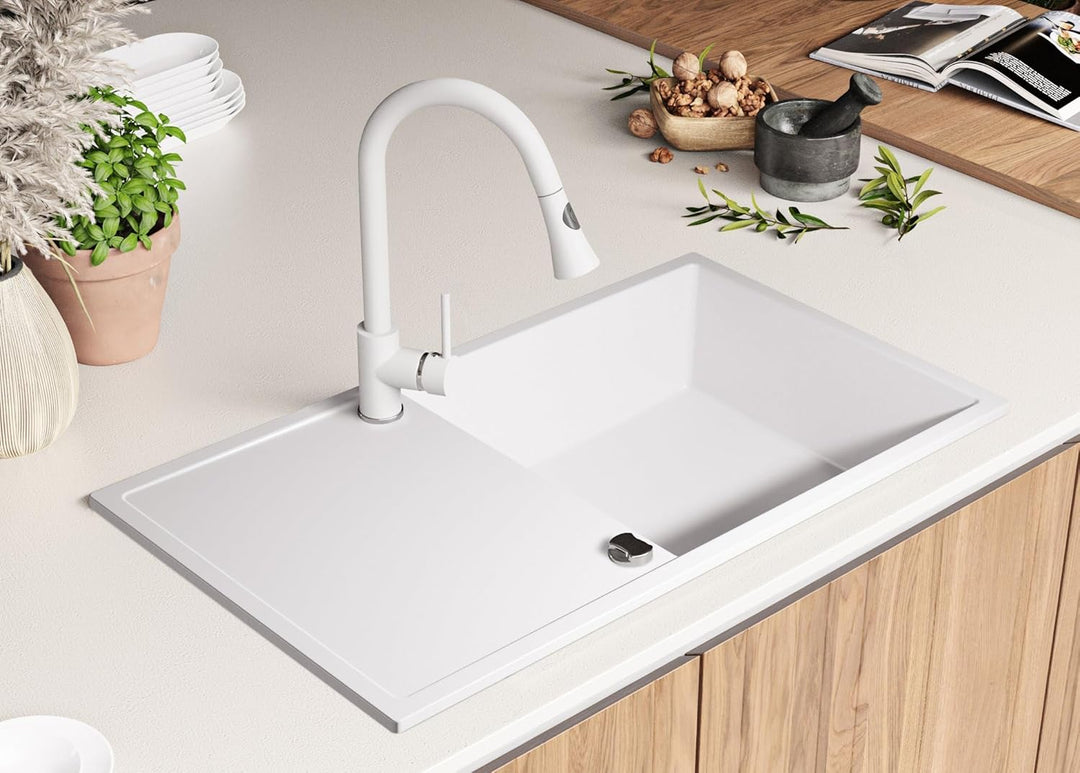Spülbecken Weiss 90x50 cm, Granitspüle 1 Becken XL + Ablauf-Set, Küchenspüle für 60er Unterschrank,