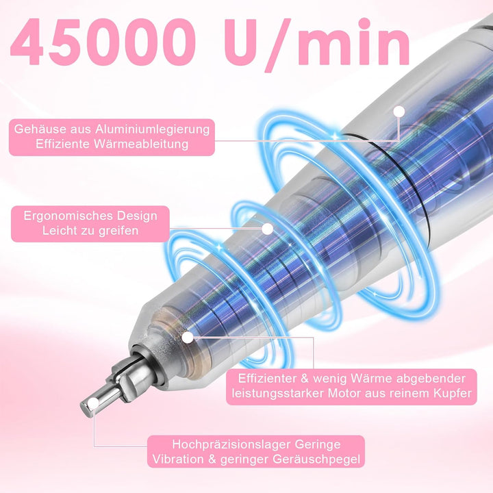 Nagelfräser Elektrisch für Gelnägel 45000 U/Min Maniküre Pediküre Set Elektrische Nagelfräser Profes