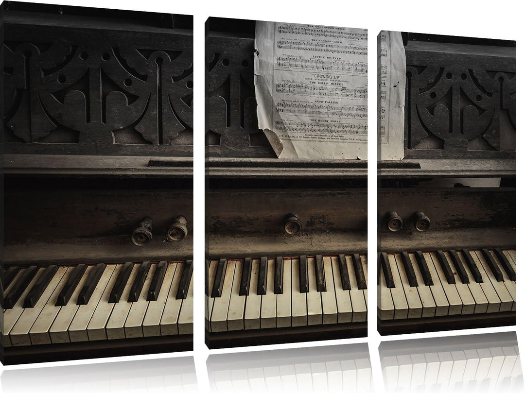 Pixxprint Antikes Klavier mit Notenblatt Schwarz/Weiss 3-Teiler Leinwandbild 120x80 Bild auf Leinwan