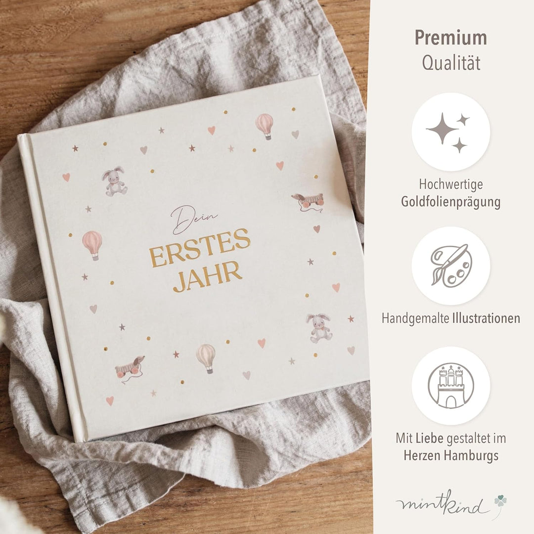 mintkind® Mein erstes Jahr Babyalbum Pattern – sanftes Babytagebuch mit 176 Seiten und Sticker-Set f