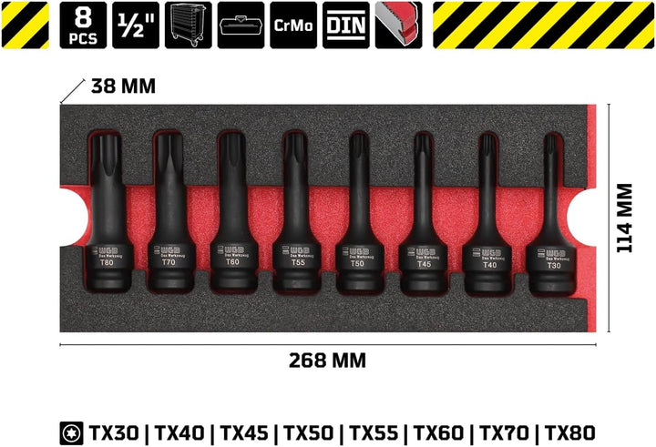1/2" Torx Nuss Set in Werkzeug Einlage 8 teilig TX30 bis TX80 | Torx Bit und Stecknuss Set mit Loch