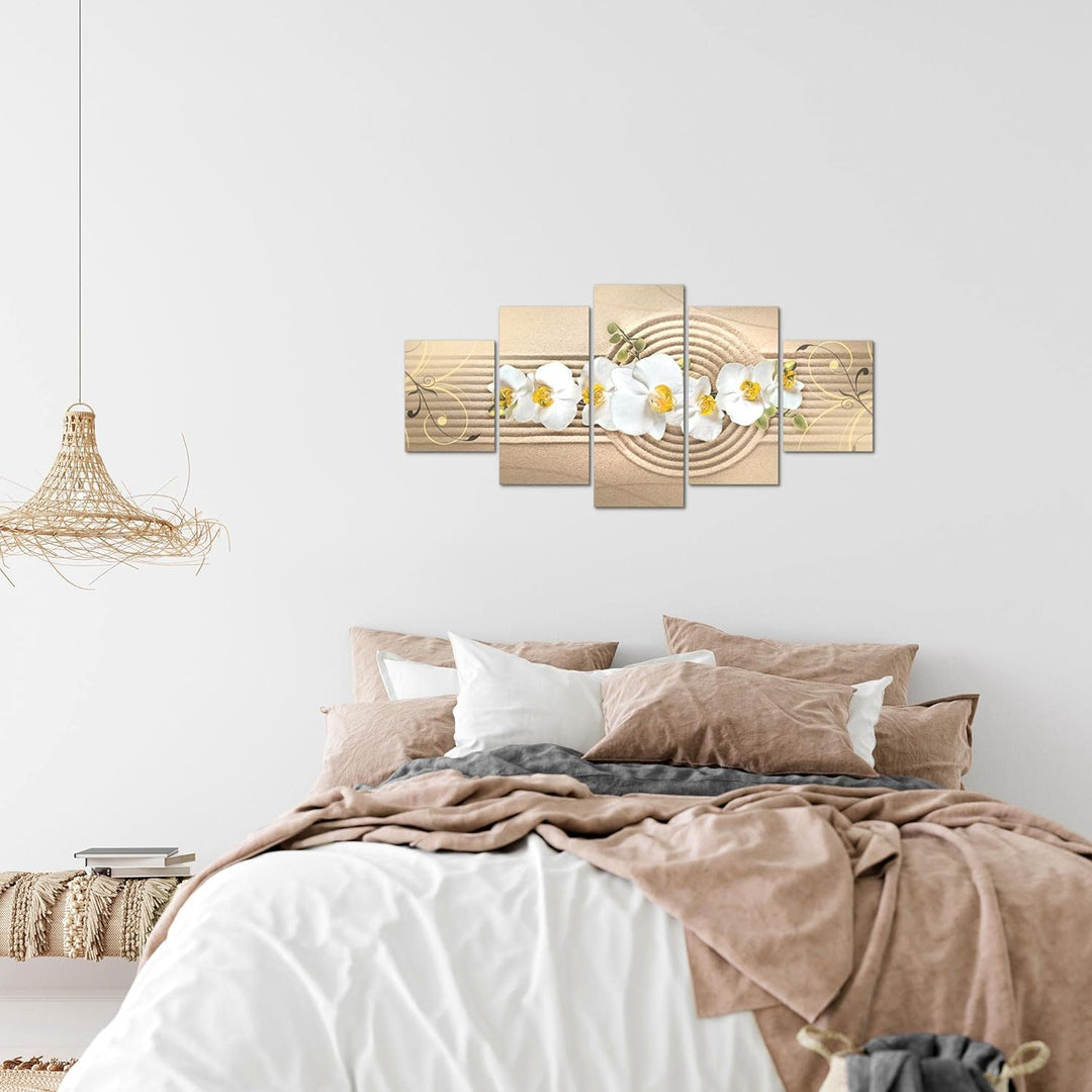 Runa Art Wandbilder Blumen Orchidee 5 Teilig Bild auf Vlies Leinwand Deko Wohnzimmer Sand Beige Gelb