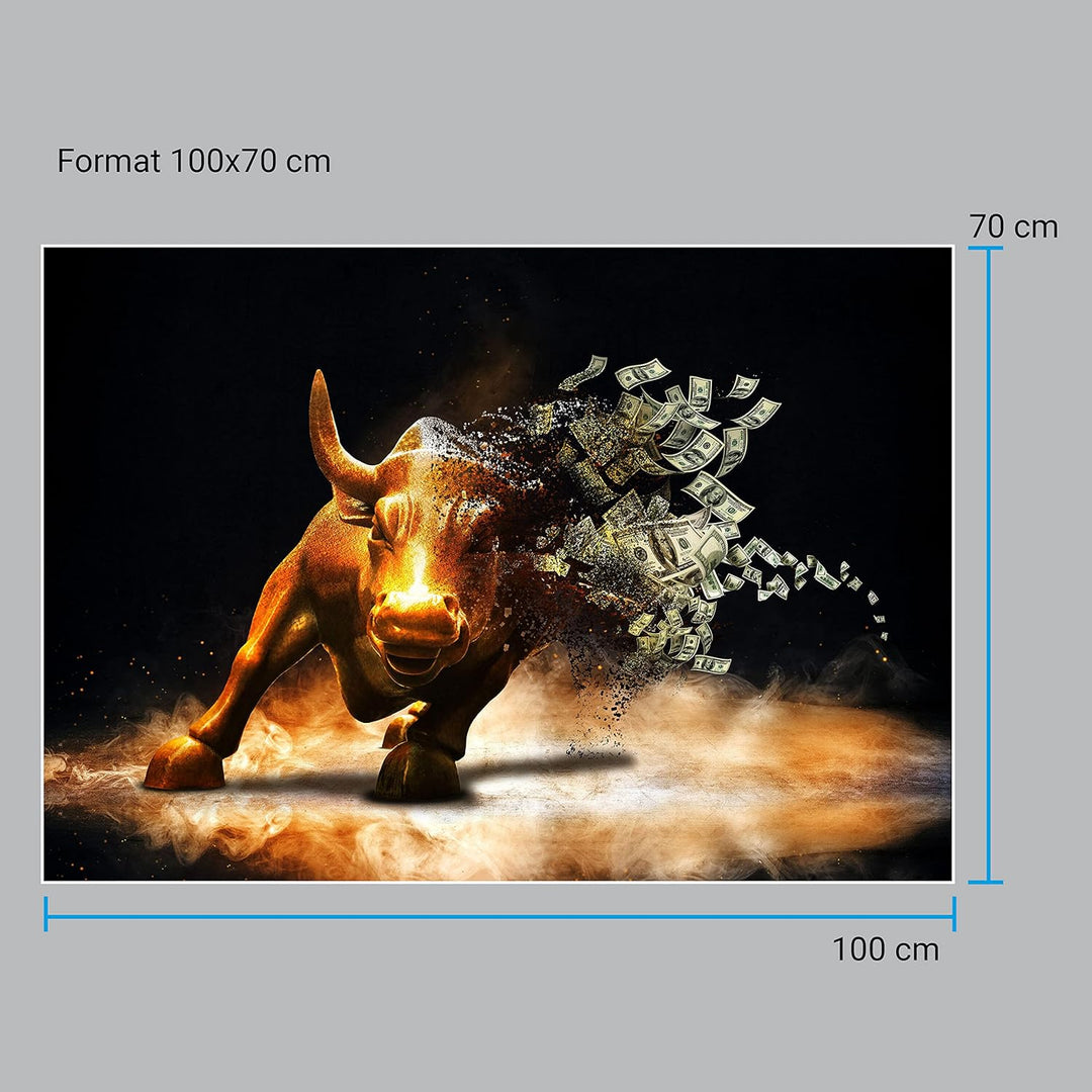 wandmotiv24 Poster als Wanddeko, Grösse 100x70cm, Goldener Stier, Dollar, Geldscheine, Geld, Tier, M