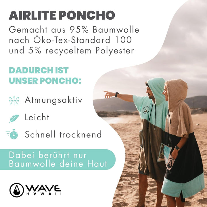 WAVE HAWAII Poncho Ericeira Surfponcho 95% Baumwolle Badeponcho für Körpergrössen von 160-190 cm Umk