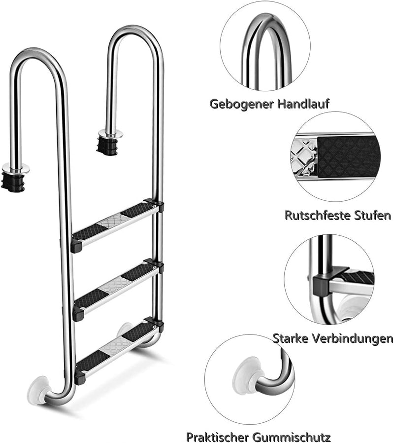 GYMAX Poolleiter 3 Stufen Schwimmbadleiter Edelstahl Einstiegsleiter mit Antirutschpads Einbauleiter