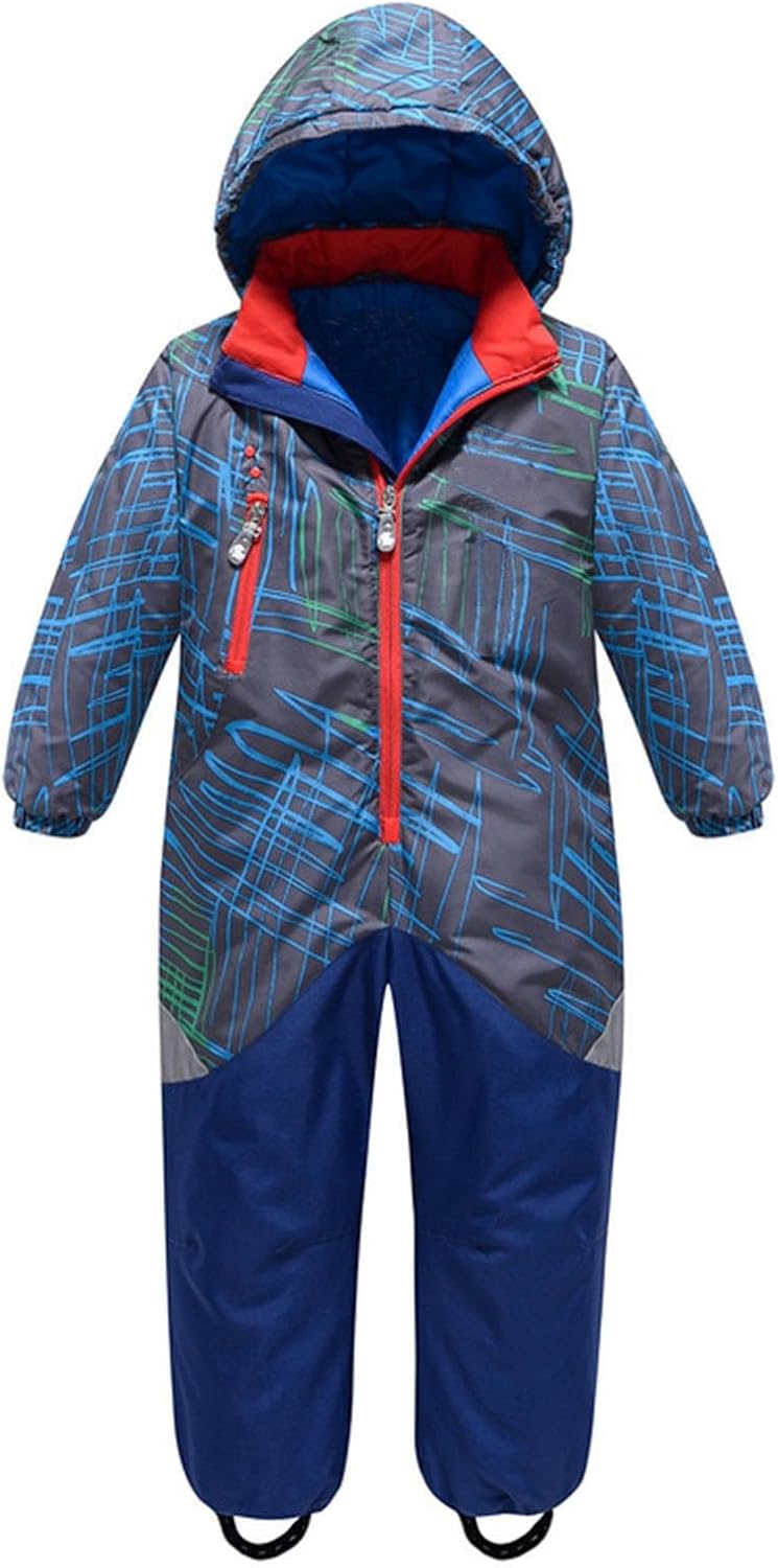 Skioverall Kinder, Unisex Schneeanzüge, Warme Fleece Schneeoverall , Wasserdicht Daunenjacke Mit Kap