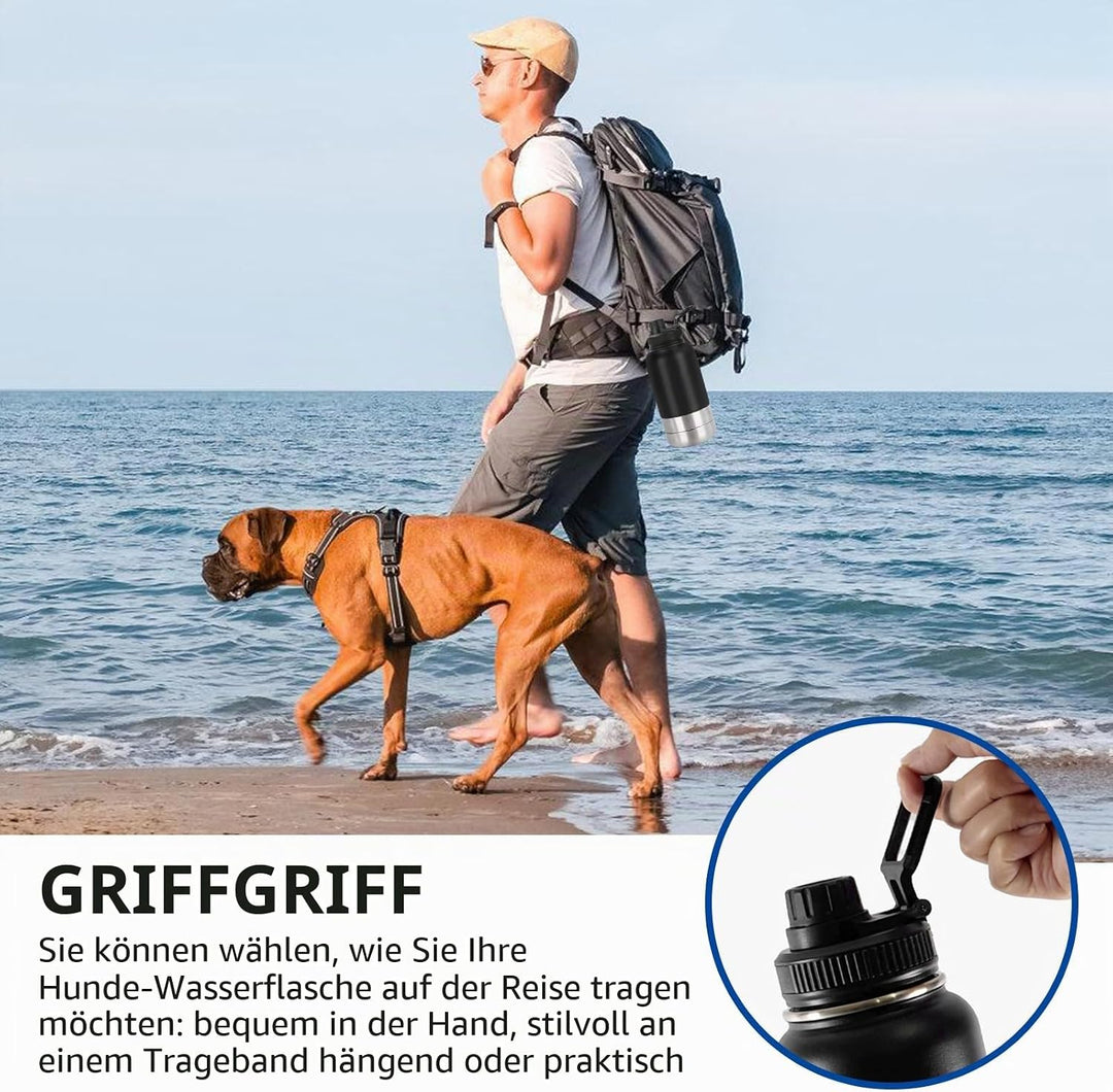 Pets Hundetrinkflasche für Unterwegs, 950ml Isolierte Edelstahl Trinkflasche Hunde mit Futterbehälte