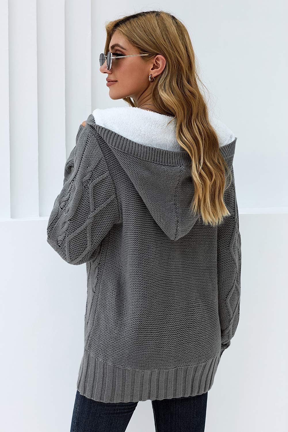 Aleumdr Strickjacke Damen Grobstrick Cardigan Lang Winter Damen Grobstrickjacke Strickmantel mit Kap