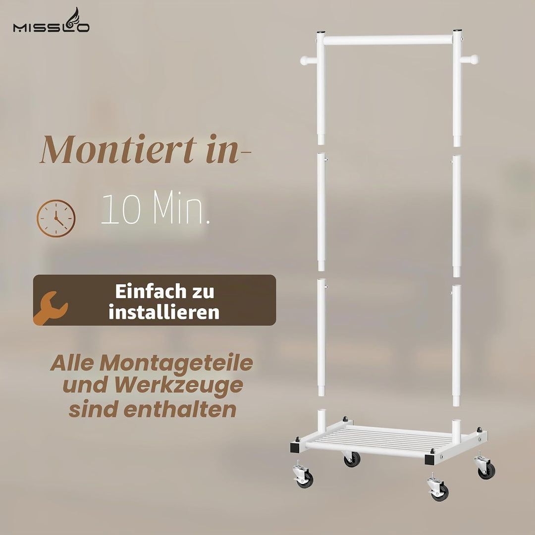 MISSLO Kinder Kleiderständer auf Rollen, 114cm Stabil Klein Kleiderstange mit Ablage, Metall Schmal