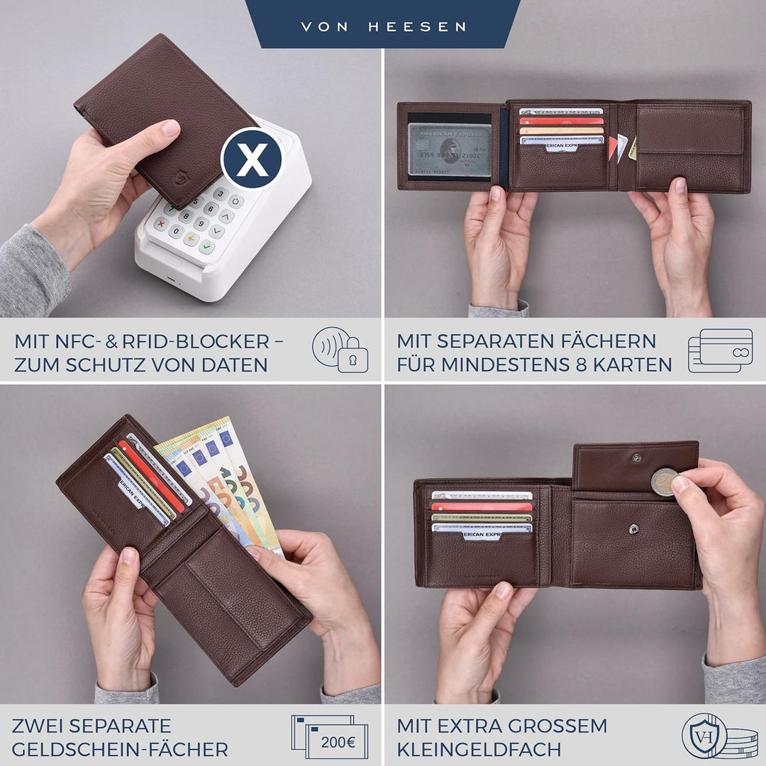 VON HEESEN Leder Geldbörse Herren mit RFID Schutz I Echtleder Geldbeutel für Männer I Münzbörse Port