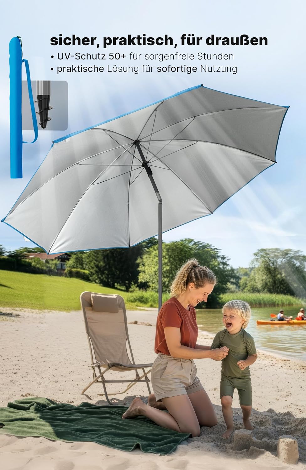 4smile Sonnenschirm Strand SunnyJoy - UPF 50+ Strandschirm Ø 180 cm, sicherer Sonnenschutz Strand, S