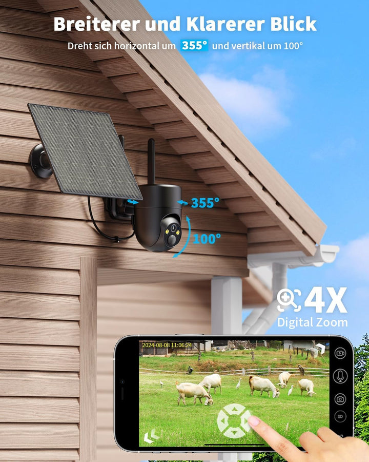 SEHMUA 4G LTE Überwachungskamera Aussen Akku, Solar Kabellose Überwachungskamera mit SIM Karte, 2K Ü