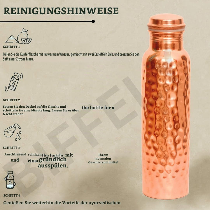 Kupfer-Wasserflasche, handgefertigt, ayurvedisch, 100% reines Kupfer, für Damen und Herren, auslaufs