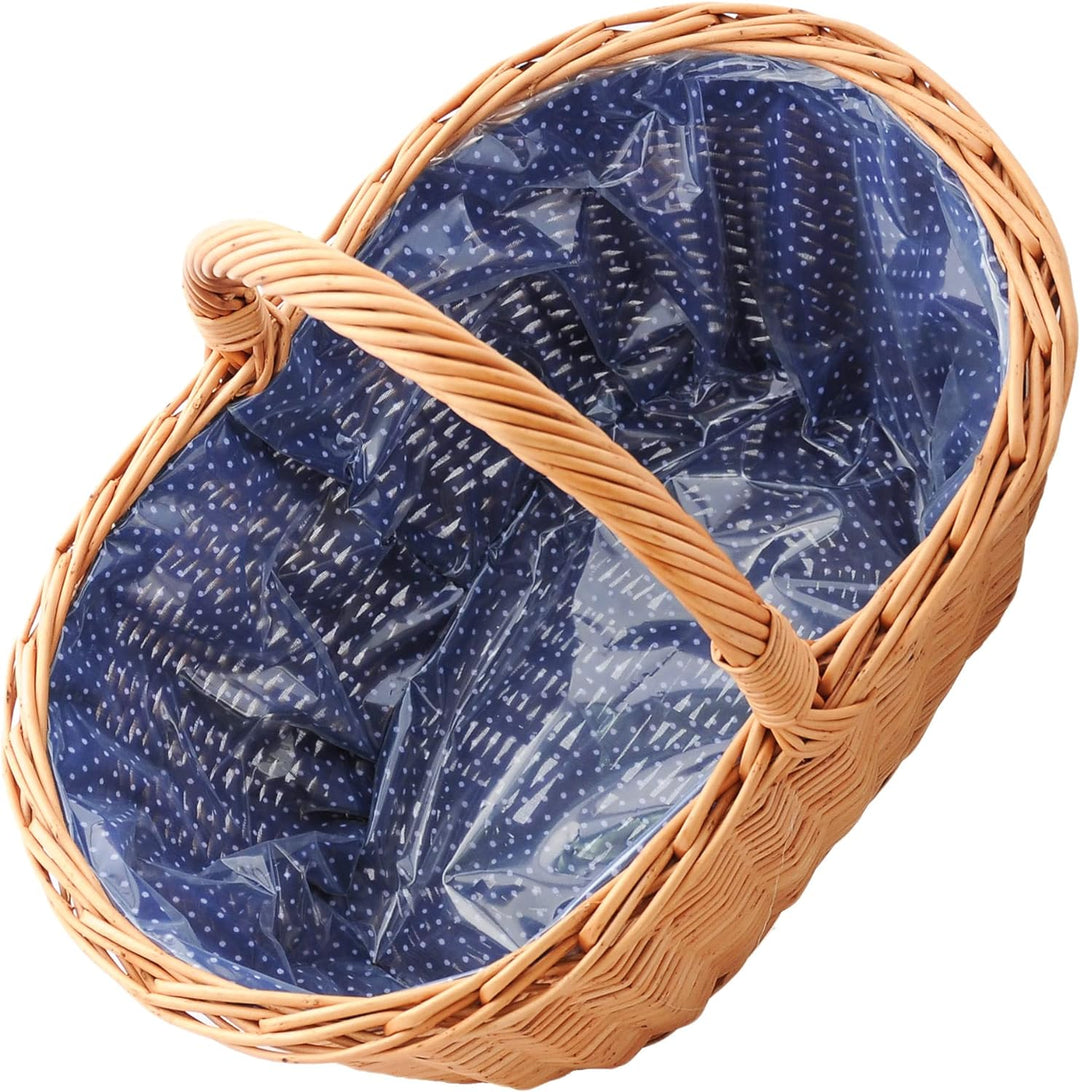 Grosser Einkaufskorb / Autokorb aus Weide mit Henkel und Stoffeinlege in Blau mit punkten oval Typ