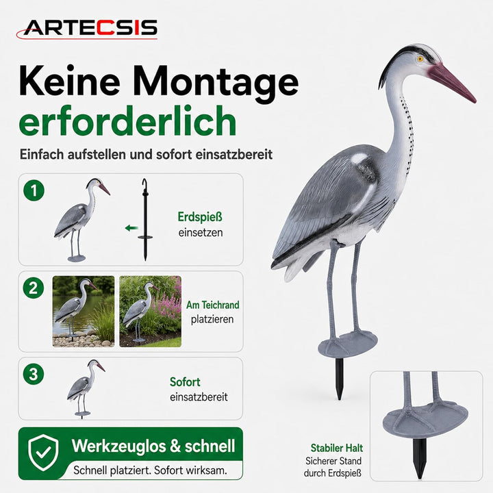 ARTECSIS® 2 x Kunststoff-Fischreiher Attrappe (70 cm) mit Erdspiess aus Kunststoff - Gartenteich Rei