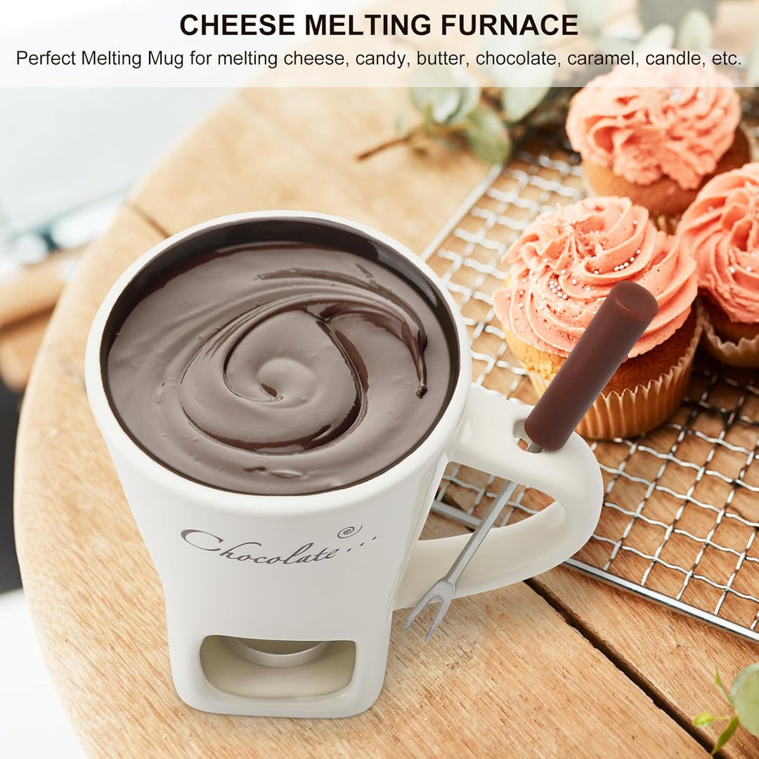 Schokofondue Tasse Keramik Schokoladenfondue mit Gabeln,200ml Keramik Schokoladenfondueset,Becher zu