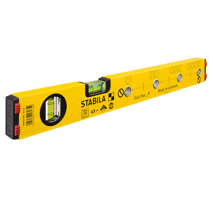STABILA Elektriker-Wasserwaage Type 70 Electric, 43 cm, leichtes Alu-Profil, 1 Horizontal-Libelle, 1
