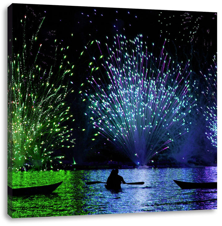 Feuerwerk auf dem Wasser, Format: 70x70 auf Leinwand, XXL riesige Bilder fertig gerahmt mit Keilrahm