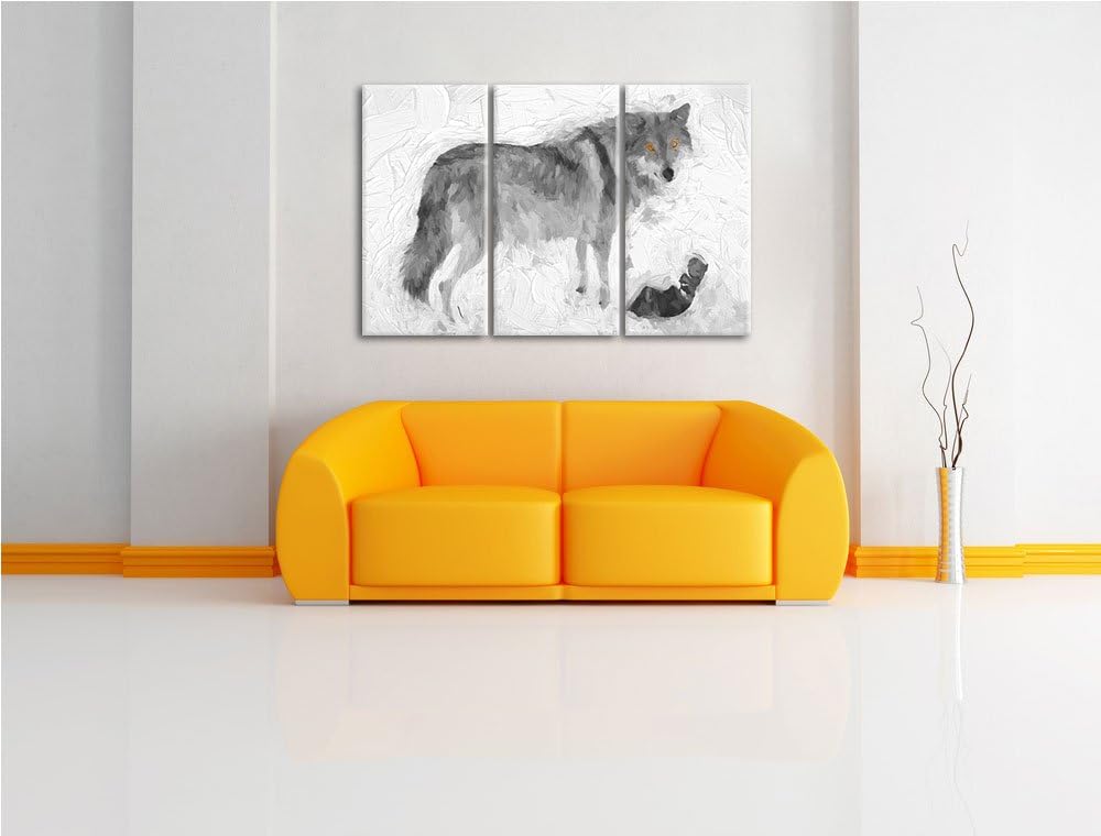 prächtiger Wolf im Schnee schwarz/weiss Deluxe 3-Teiler Leinwandbild 120x80 Bild auf Leinwand, XXL r