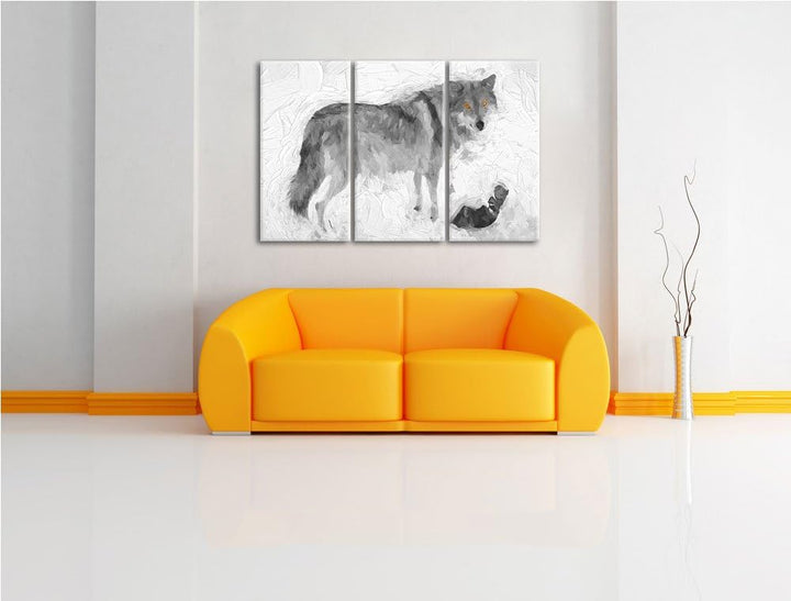 prächtiger Wolf im Schnee schwarz/weiss Deluxe 3-Teiler Leinwandbild 120x80 Bild auf Leinwand, XXL r