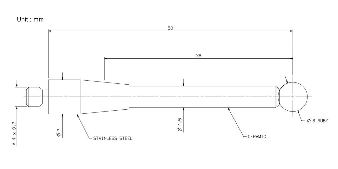 Tastereinsätze für taktile Messtaster,Gewinde M4, Rubinkugel Ø6mm, Keramikschaft, Länge 50 mm A-5000