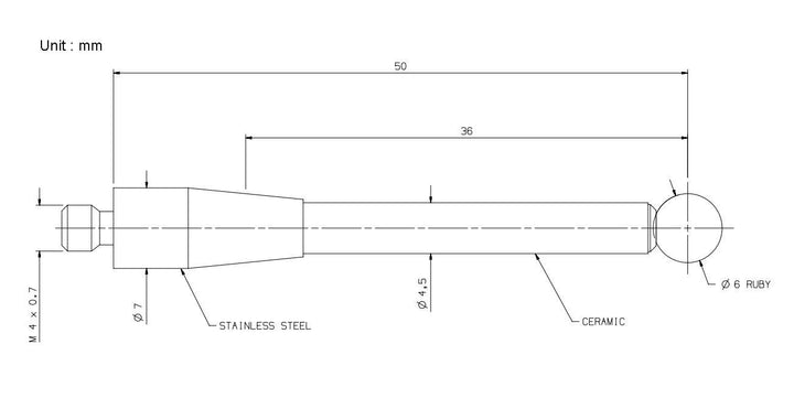 Tastereinsätze für taktile Messtaster,Gewinde M4, Rubinkugel Ø6mm, Keramikschaft, Länge 50 mm A-5000