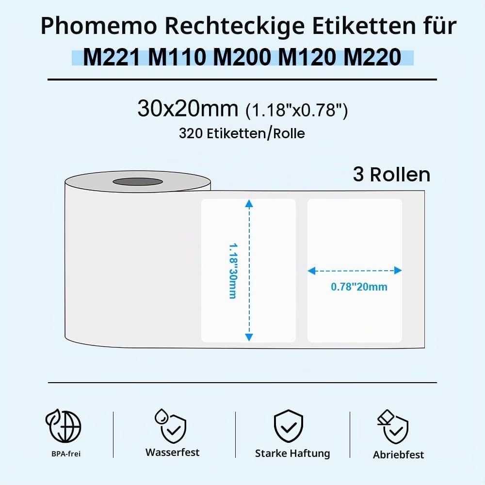 Phomemo M110/M200/M220/M221/M120 Selbstklebende Etiketten, 1.18"x 0,78"(30x20mm) Thermoetiketten pap