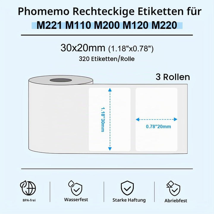 Phomemo M110/M200/M220/M221/M120 Selbstklebende Etiketten, 1.18"x 0,78"(30x20mm) Thermoetiketten pap