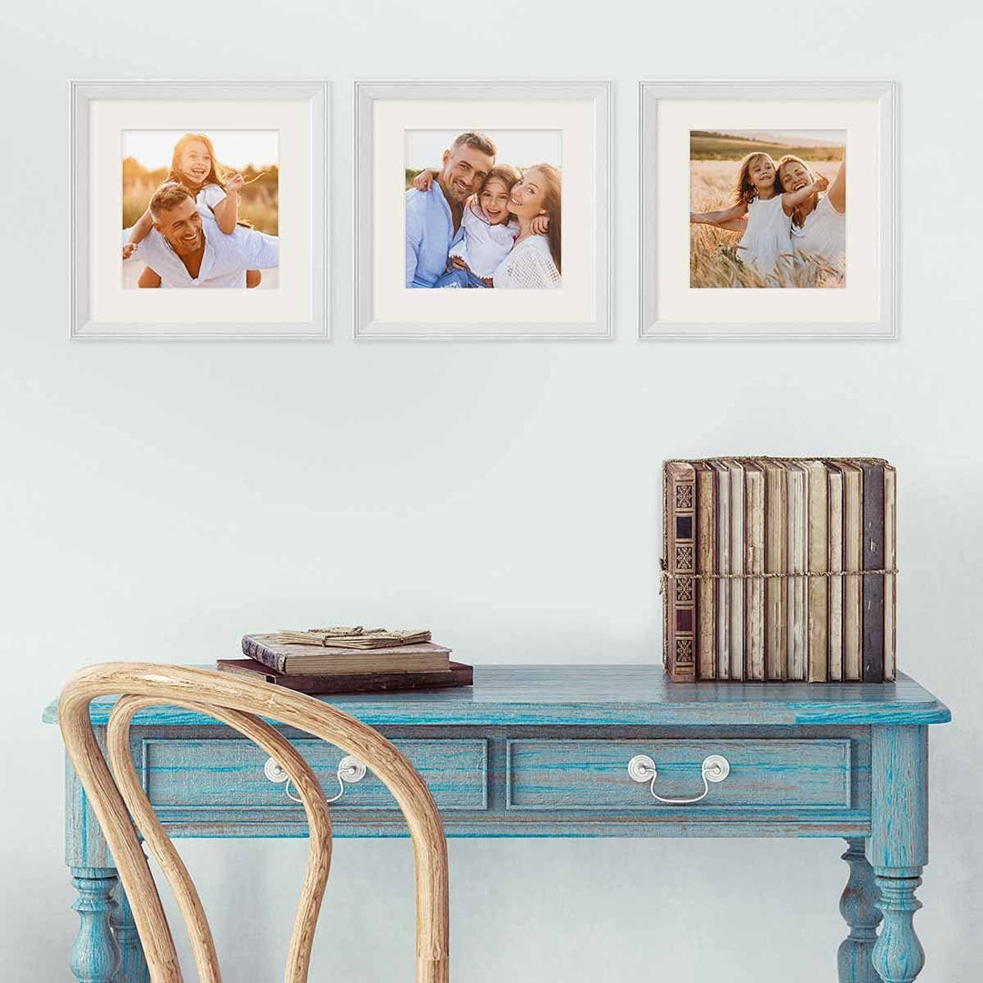 PHOTOLINI Bilderrahmen-Set 20x20 cm Holz Weiss Landhaus-Stil, 3er Set Holz-Rahmen, Made in Germany,