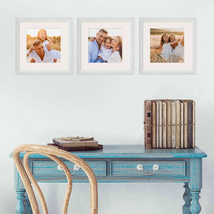 PHOTOLINI Bilderrahmen-Set 20x20 cm Holz Weiss Landhaus-Stil, 3er Set Holz-Rahmen, Made in Germany,