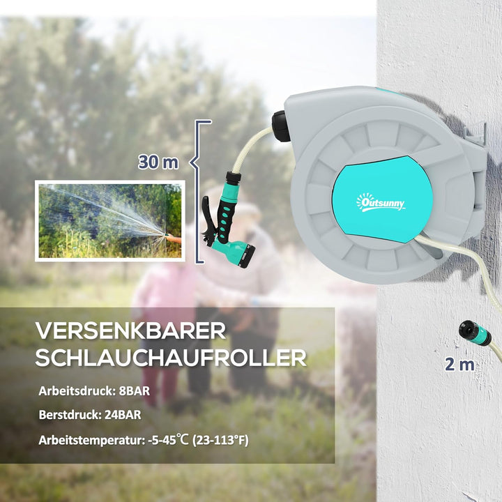 Outsunny Schlauchtrommel mit Gartenschlauch 30m, 180° schwenkbar Schlauchbox, Schlauchaufroller zur