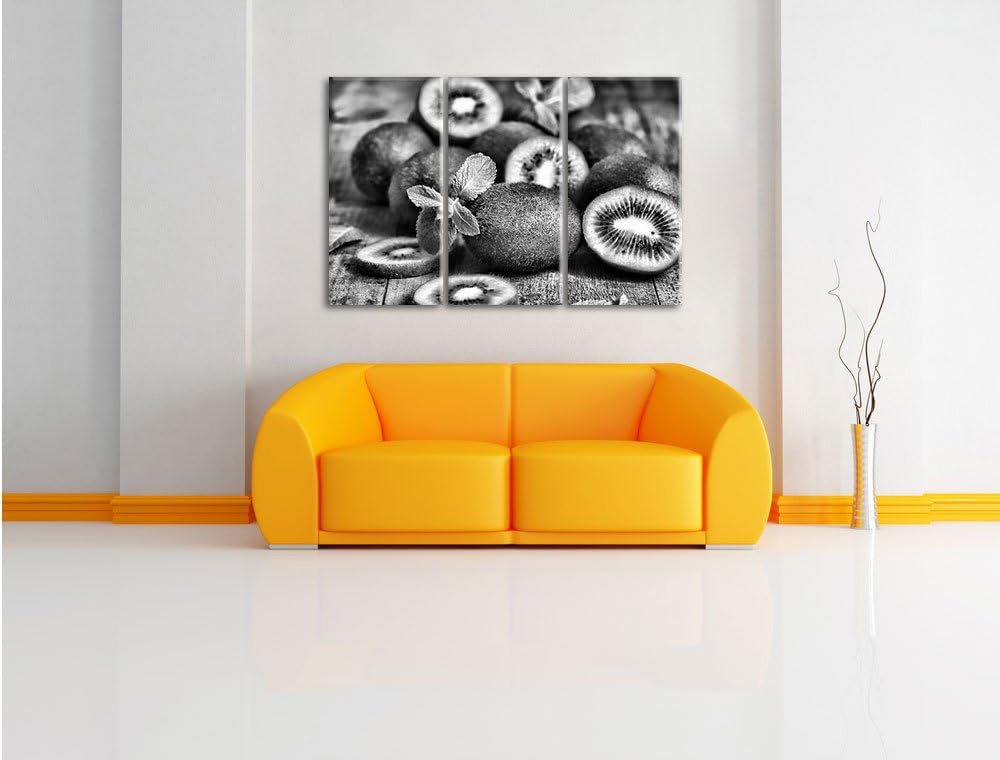 Pixxprint Kiwis auf Holztisch als Leinwandbild/Grösse: 3 Teilig (120x80) cm/Wandbild/Kunstdruck/fert