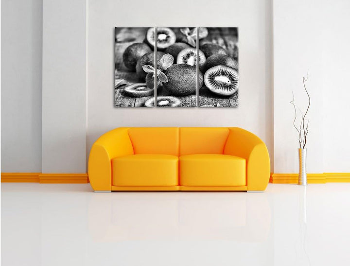 Pixxprint Kiwis auf Holztisch als Leinwandbild/Grösse: 3 Teilig (120x80) cm/Wandbild/Kunstdruck/fert
