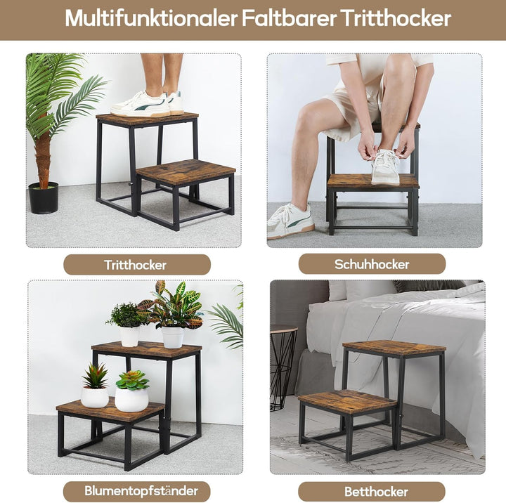 smusei 2 Stufen Tritthocker Klappbar für Erwachsene & Kinder, 3-in-1 Stabiler Holzhocker Fussbank Ab