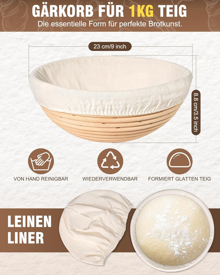 Gärkörbchen Set 2-teilig, 9 Zoll Rundes Gärkorb Brot mit Leinen-Einsätzen - aus Hohe Qualität Rattan