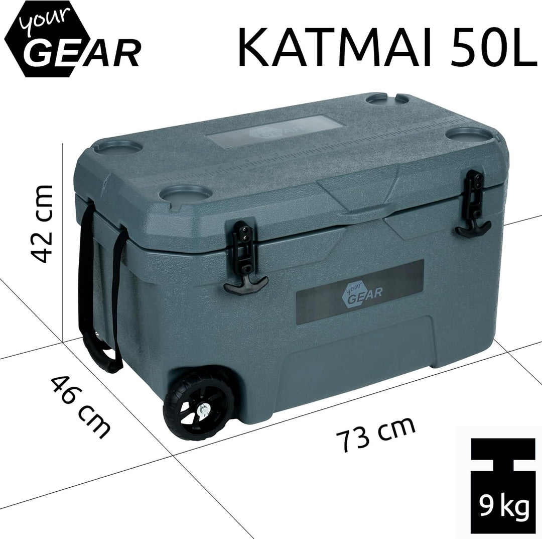 your GEAR Katmai Kühlbox 50L Volumen, 213h Kühlung, Robuste Thermobox mit Rollen, Energieeffizient,