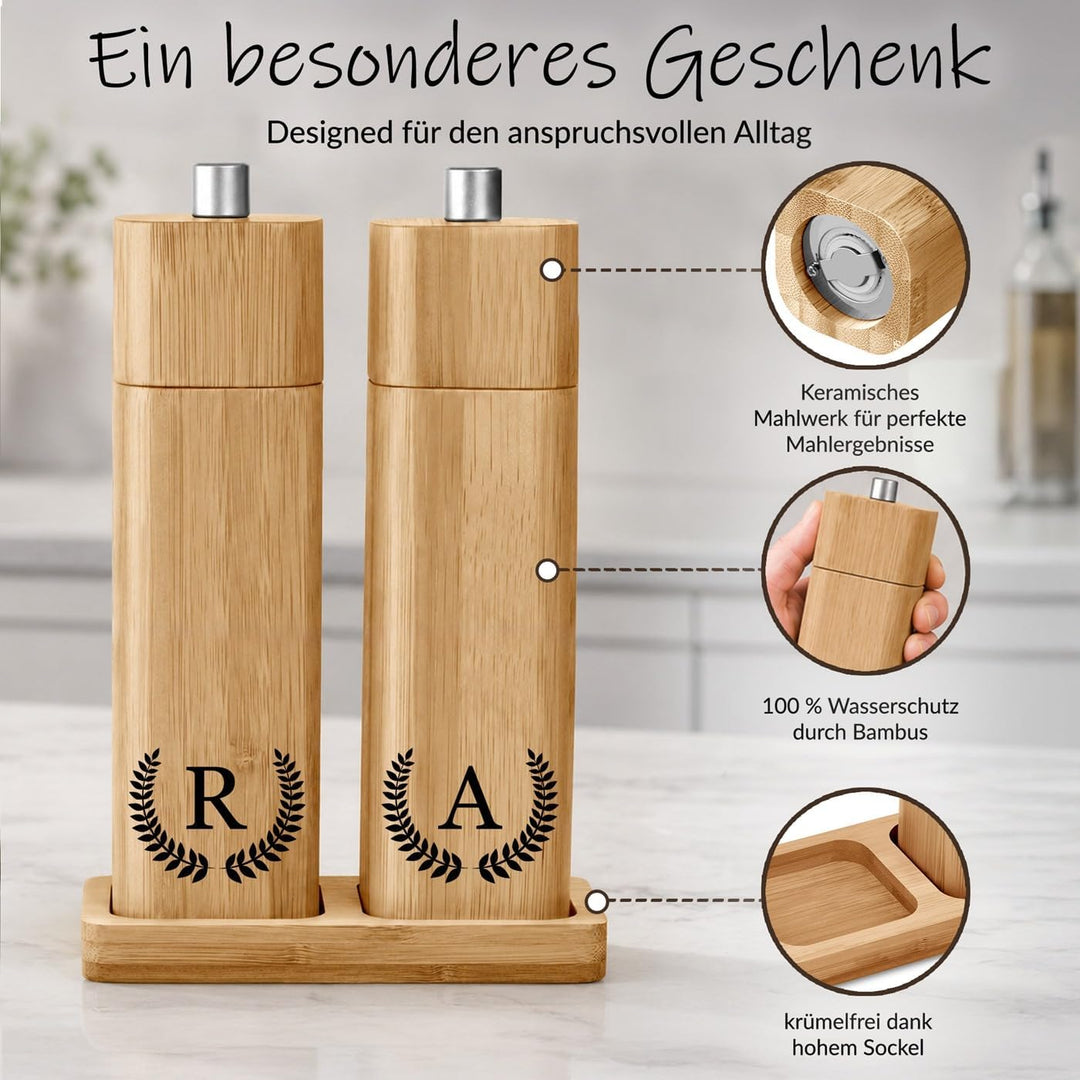 Maverton Bambus Salz und Pfeffermühle mit Aufdruck - Hochzeitsgeschenke für Brautpaar - personalisie