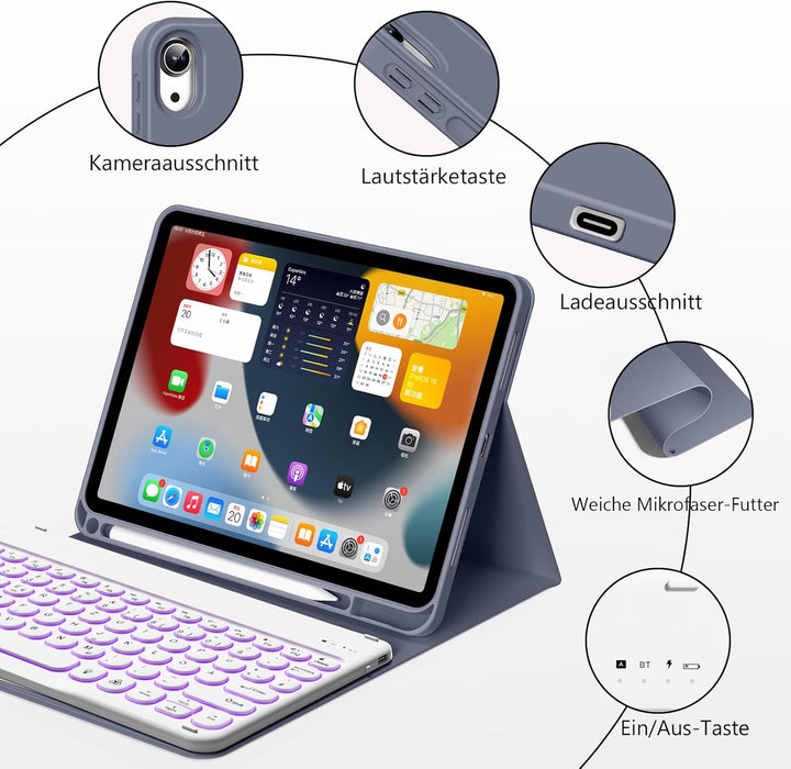 Hülle mit Tastatur für iPad 11 Generation A16/10 Generation (11/10.9 Zoll,2025/2022),7-farbige Beleu
