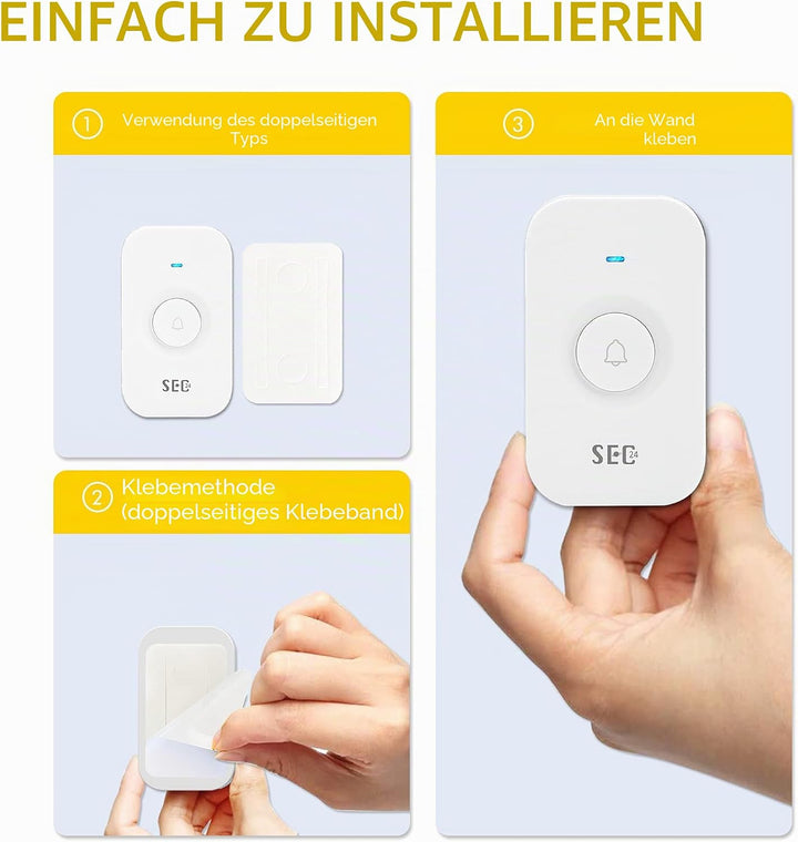 Funkklingel,SEC24 Türklingel Funk Set,Funk Türklingel Kit | Klingeltaste für die Haustürklingel,52 M
