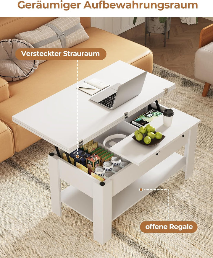 KIMENICH Couchtisch Höhenverstellbar, 3-in-1-Multifunktions-Wohnzimmertisch, Kaffeetisch, Versteckte