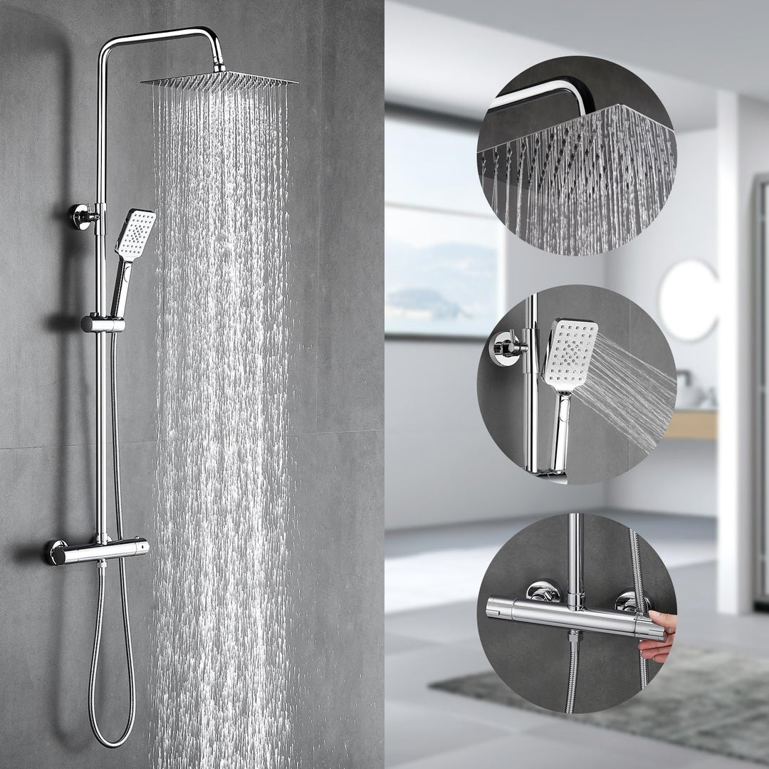 BONADE Duschsystem mit Thermostat Regendusche Duschkopf aus 304 Edelstahl, Duscharmatur Komplettset
