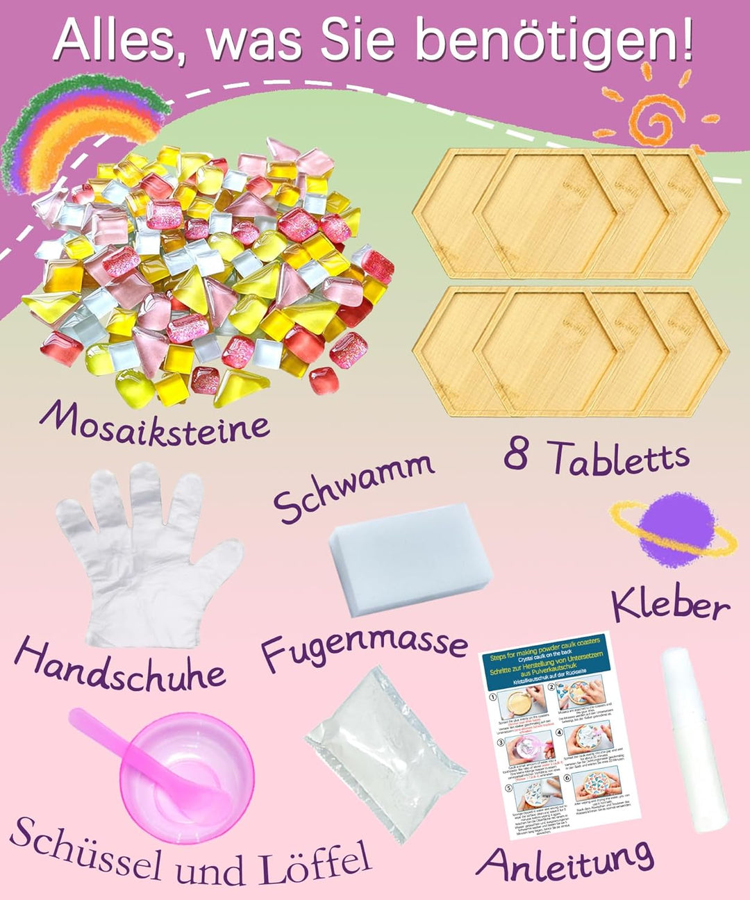 Finsink Mosaik bastelset kinder 8pcs mosaik untersetzer bastelset diy holz untersetzer Set Mosaikste