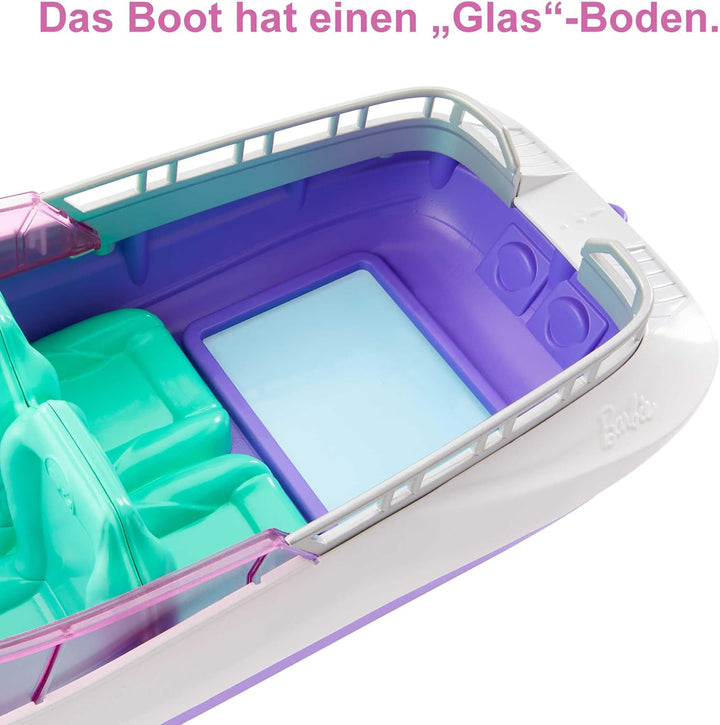 Barbie Malibu Roberts & Brooklyn Puppe - 45,7 cm Schnellboot, 4 Puppen Platz, Glasboden, Schwimmreif